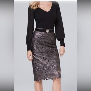 White House Black Market Black and Silver Lace Midi Skirt